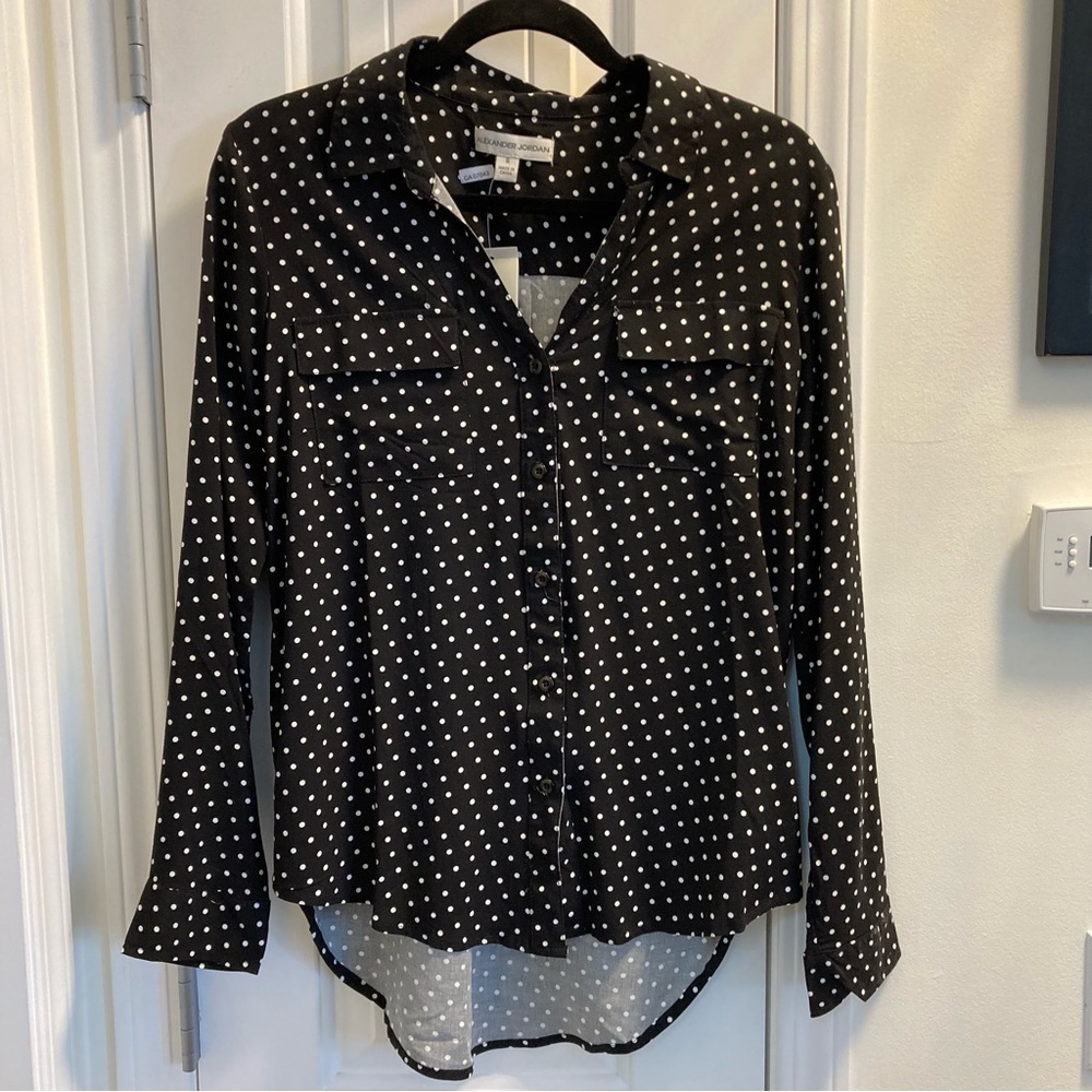 Alexander Jordan Size Small Black & White Polka Dot Blouse High Low NWT